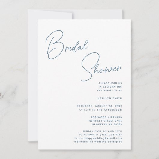 Dusty Blue Whimsical Script Chic Vrijgezellenfeest Kaart (Voorkant)