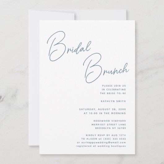 Dusty Blue Whimsical Script Chique Bridal Brunch Kaart (Voorkant)