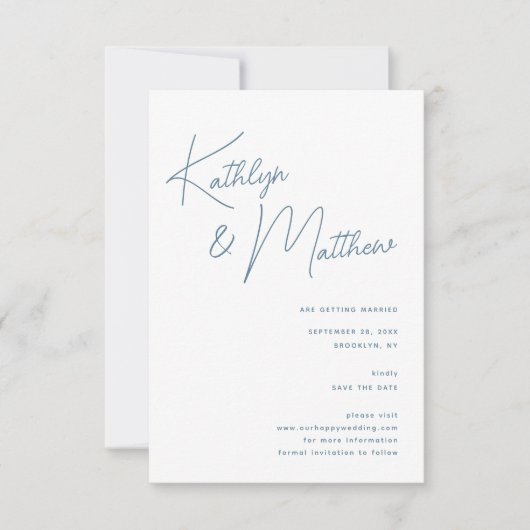 Dusty Blue Whimsical Script Minimalistisch Modern Save The Date (Voorkant)