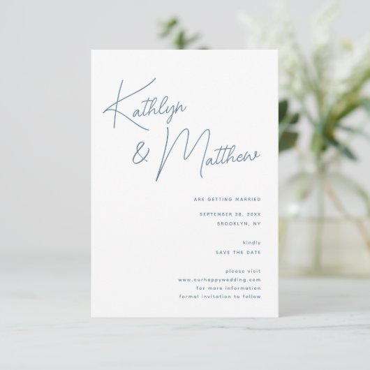 Dusty Blue Whimsical Script Minimalistisch Modern Save The Date (Staand voorkant)