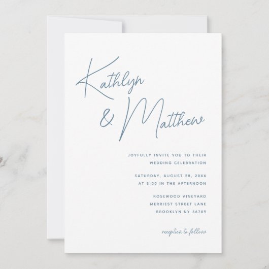 Dusty Blue Whimsical Script minimalistische bruilo Kaart (Voorkant)