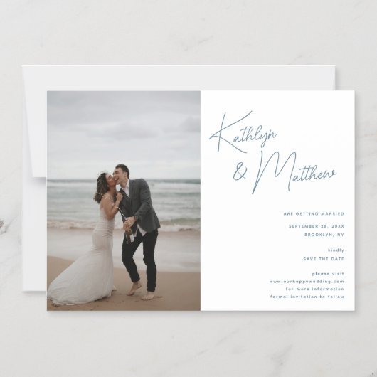 Dusty Blue Whimsical Script Modern Save The Date Magnetische Uitnodiging (Voorkant)