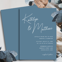 Dusty Blue Whimsical Script Moderne bruiloft Kaart