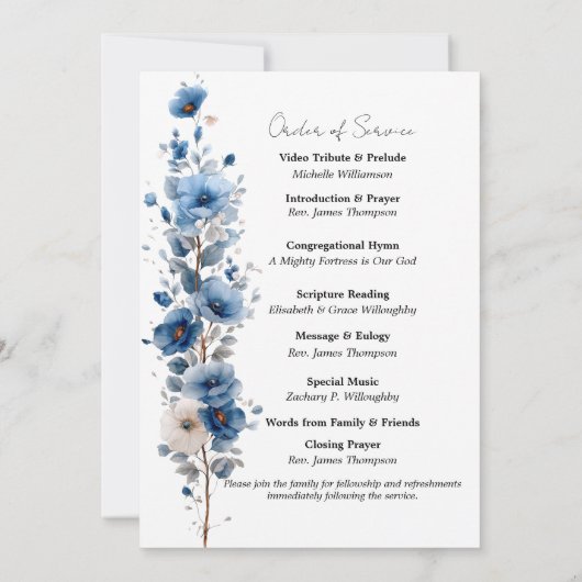 Dusty Blue White Bloemen begrafenisprogramma Kaart (Achterkant)