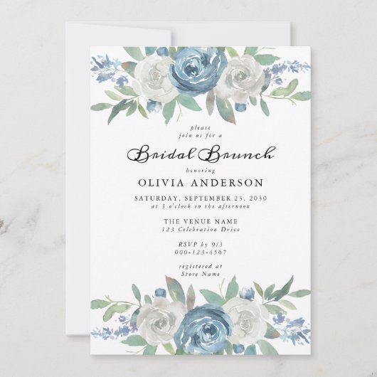 Dusty Blue & White Bloemen Bruids Brunch Uitnodigi Kaart (Voorkant)