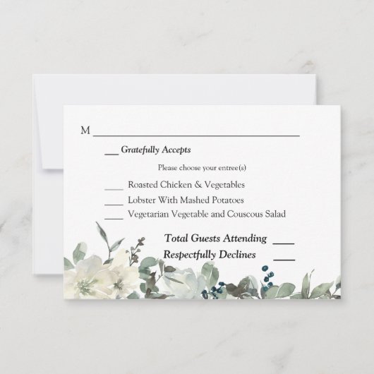 Dusty Blue & White Bloemen Bruiloft RSVP 3 Maaltij (Voorkant)