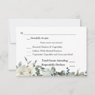 Dusty Blue & White Bloemen Bruiloft RSVP 3 Maaltij Kaartje