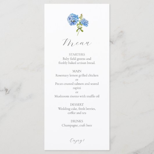 Dusty Blue & White Bloemen Hydrangea Bruiloft Menu (Voorkant)