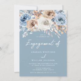 Dusty Blue White Bohemian Floral Engagement Party Kaart