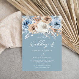 Dusty Blue White Bohemian Floral Modern Wedding Kaart