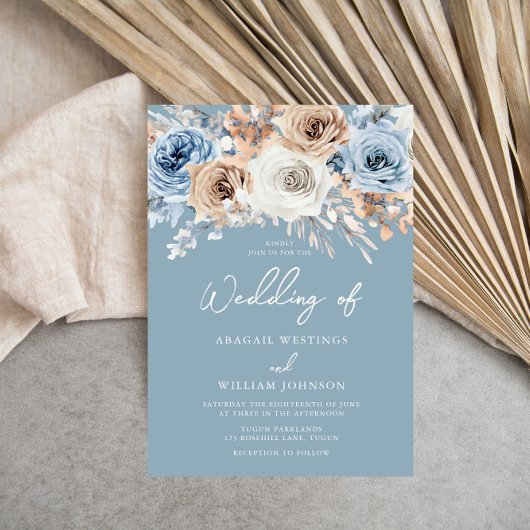 Dusty Blue White Bohemian Floral Modern Wedding Kaart