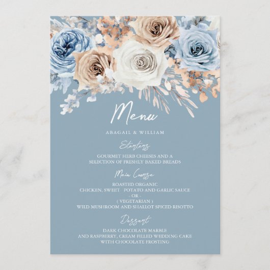 Dusty Blue & White Bohemian Floral Modern Wedding Menu (Voorkant)