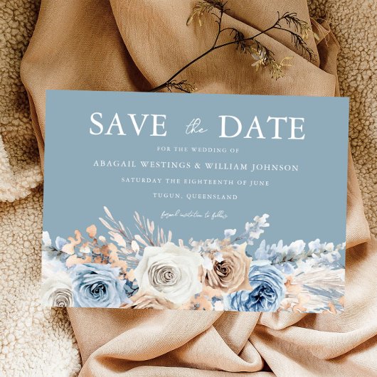 Dusty Blue & White Bohemian Floral Modern Wedding Save The Date