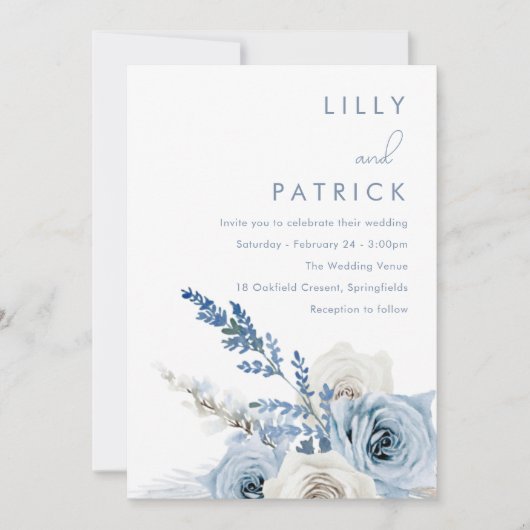 Dusty Blue & White Boho Floral Waterverf Wedding Kaart (Voorkant)