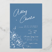 Dusty Blue & White Botanical Line Drawing Wedding Folie Uitnodiging (Voorkant)