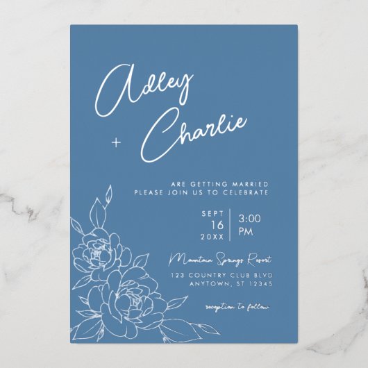 Dusty Blue & White Botanical Line Drawing Wedding Folie Uitnodiging (Voorkant)