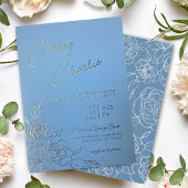 Dusty Blue & White Botanical Line Drawing Wedding Folie Uitnodiging