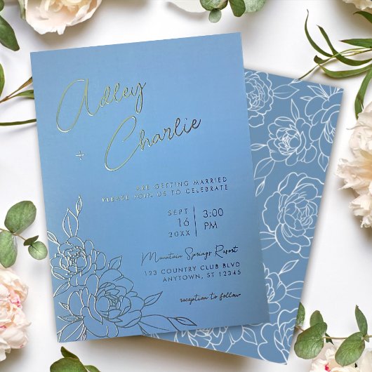 Dusty Blue & White Botanical Line Drawing Wedding Folie Uitnodiging