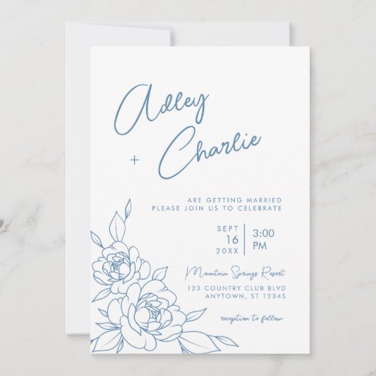 Dusty Blue & White Botanical Line Drawing Wedding Kaart (Voorkant)