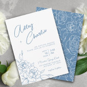 Dusty Blue & White Botanical Line Drawing Wedding Kaart