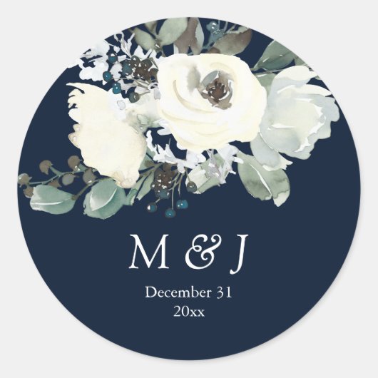 Dusty Blue & White Botanical Monogram - Marine Ronde Sticker (Voorkant)