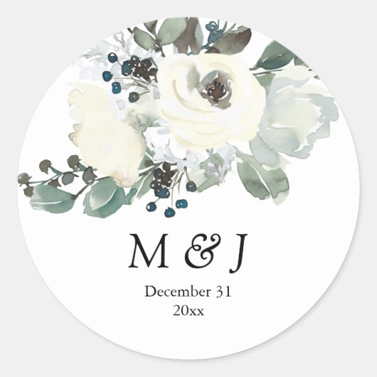 Dusty Blue & White Botanical Monogram Ronde Sticker (Voorkant)