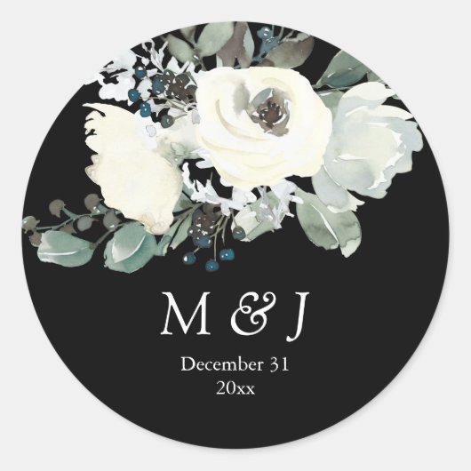 Dusty Blue & White Botanical Monogram - Zwart Ronde Sticker (Voorkant)