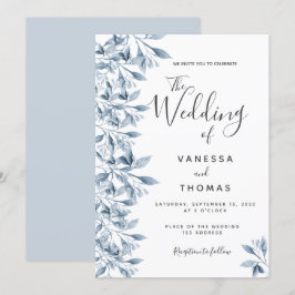 Dusty blue white botanical script bruiloft kaart