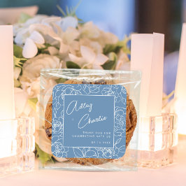 Dusty Blue White Botanical Weddenschap Favor Bedan Vierkante Sticker