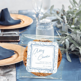 Dusty Blue White Botanical Weddenschap Favor Bedan Vierkante Sticker