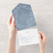 Dusty Blue White Botanical Wedding All In One Uitnodiging (Afscheurbaar)