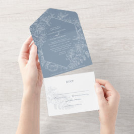 Dusty Blue White Botanical Wedding All In One Uitnodiging