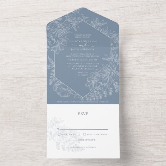 Dusty Blue White Botanical Wedding All In One Uitnodiging (Binnen)