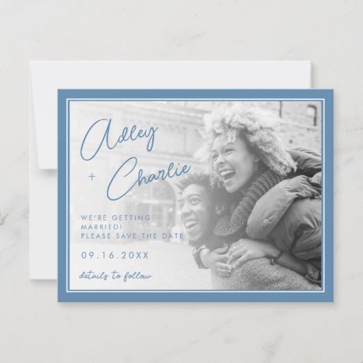 Dusty Blue & White Botanical Wedding Save the Date (Voorkant)