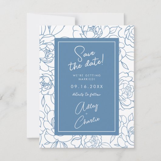 Dusty Blue & White Botanical Wedding Save the Date (Voorkant)