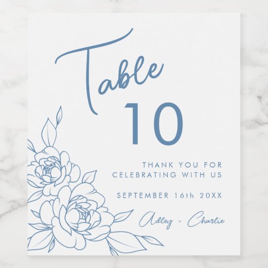 Dusty Blue & White Botanical Wedtable Number Wijn Etiket (Enkel label)