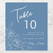Dusty Blue & White Botanical Wedtable Number Wijn Etiket (Enkel label)