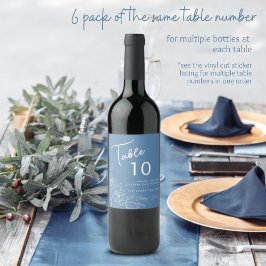Dusty Blue & White Botanical Wedtable Number Wijn Etiket