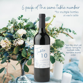 Dusty Blue & White Botanical Wedtable Number Wijn Etiket