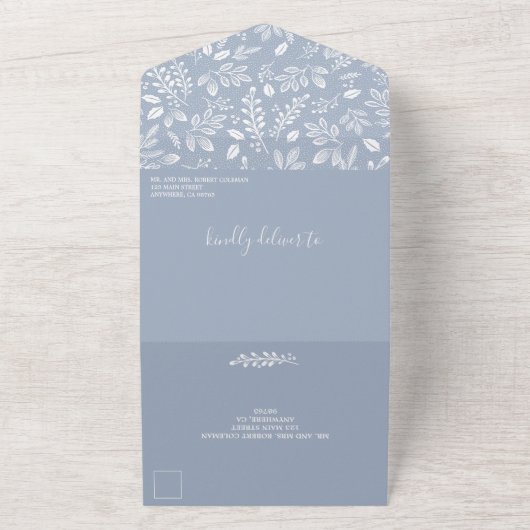 Dusty Blue White Botanicals No Envelopes Wedding All In One Uitnodiging (Buitenkant)