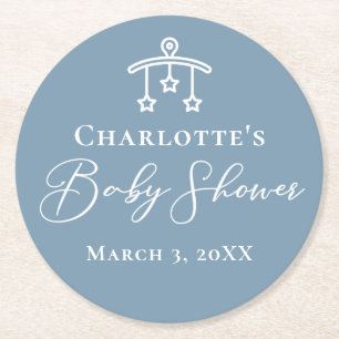 Dusty Blue White Chic Minimalistisch Baby shower Ronde Kartonnen Onderzetter