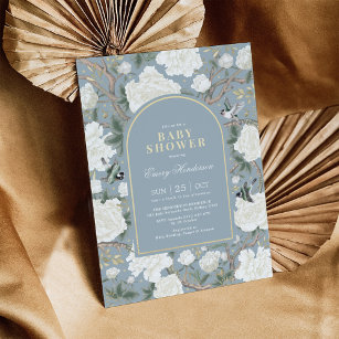 Dusty Blue White Chinoiserie Floral Baby shower Kaart