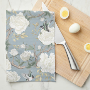 Dusty Blue White Chinoiserie Floral Porcelain Theedoek