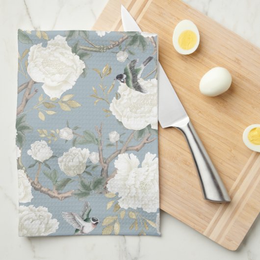 Dusty Blue White Chinoiserie Floral Porcelain Theedoek (Quarter Fold)