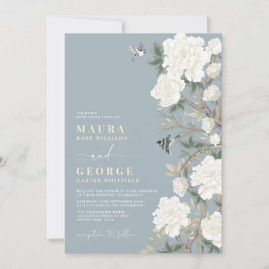 Dusty Blue White Chinoiserie Flower Garden Wedding Kaart (Voorkant)