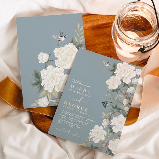 Dusty Blue White Chinoiserie Flower Garden Wedding Kaart