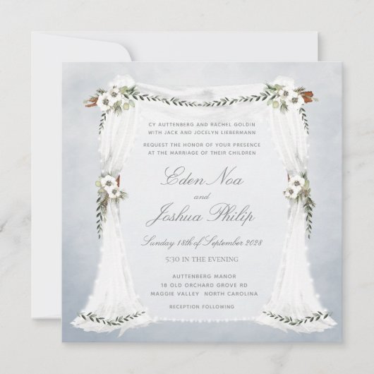 Dusty Blue White Chuppah Wedding Invitation Kaart (Voorkant)