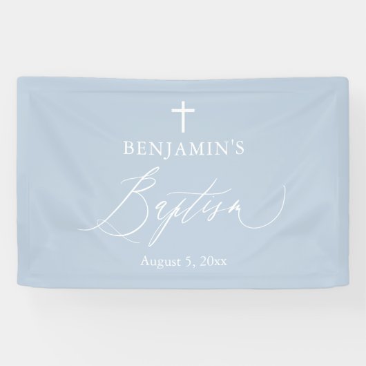 Dusty Blue White Cross Boy Baptism Backdrop Banner (Horizontaal)