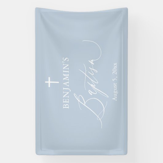 Dusty Blue White Cross Boy Baptism Backdrop Banner (Verticaal)