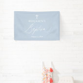 Dusty Blue White Cross Boy Baptism Backdrop Banner (Insitu)